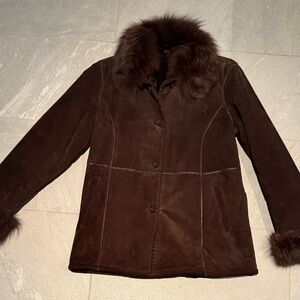 Dark brown suede swing coat jacket with real fur trim.
